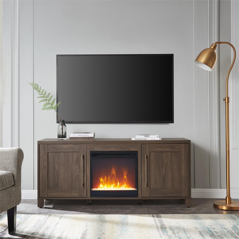 Henn&Hart 58" Brown TV Stand with Crystal Fireplace Homesquare