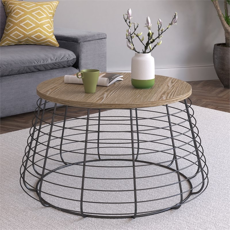 black metal wire accent table with wooden top