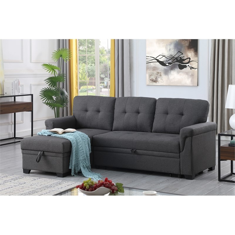 Lucca Gray Linen Fabric Reversible Sleeper Sofa Storage Chaise Homesquare