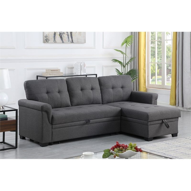 Lucca Gray Linen Fabric Reversible Sleeper Sofa Storage Chaise | Homesquare