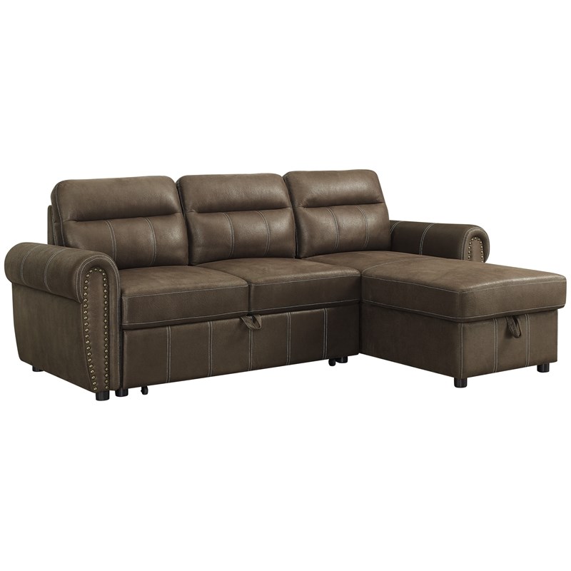 Ashton Saddle Brown Microfiber Reversible Sleeper Sectional Sofa