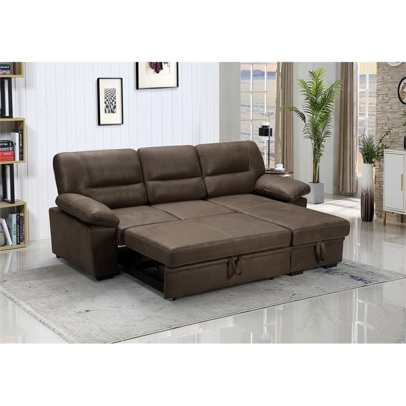 Kipling Brown Microfiber Reversible Sleeper Sectional Sofa Storage