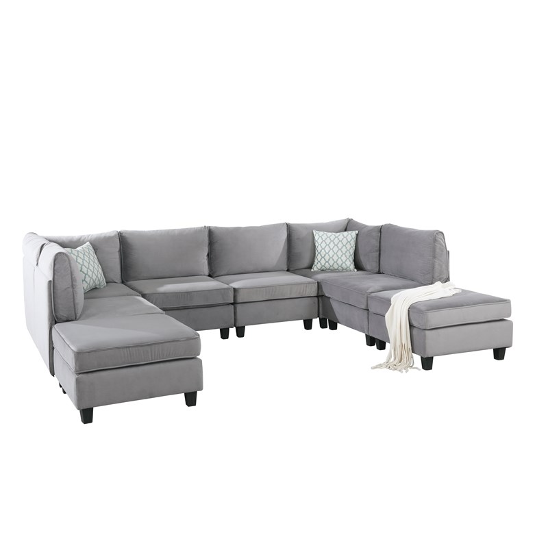 Simona Gray Velvet 8pc Modular U Shape L Shape Sectional Sofa 88019 5