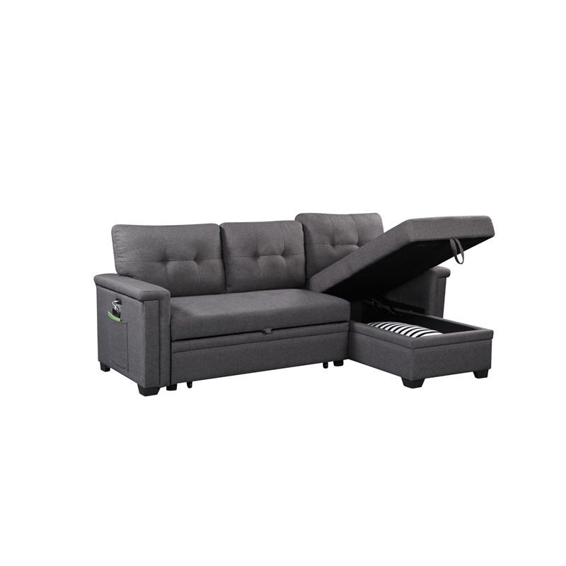Ashlyn Gray Fabric Reversible Sleeper Sofa Storage Chaise with USB Charger