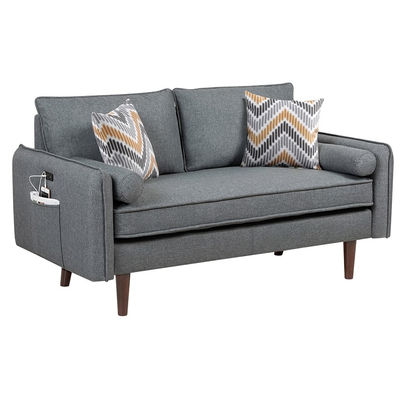 Mia Mid-Century Modern Gray Fabric Loveseat with USB Charging Ports & Pillows
