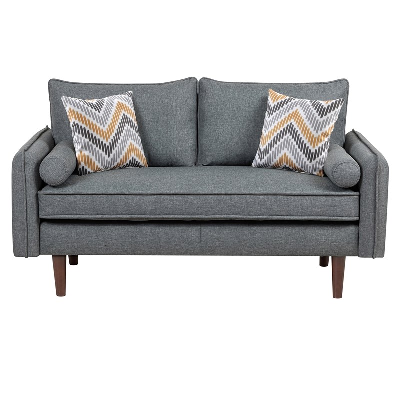Mia Mid-Century Modern Gray Fabric Loveseat with USB Charging Ports & Pillows