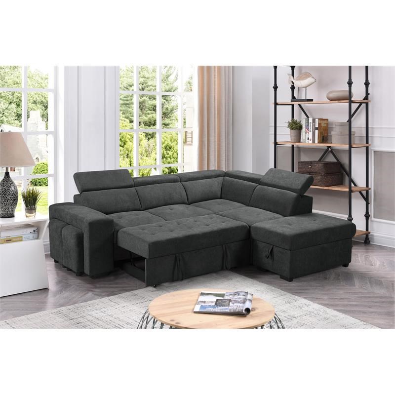 Henrik Dark Gray Sleeper Sectional Sofa with Storage Ottoman and 2 ...