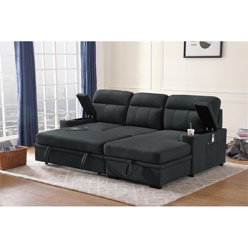 Kaden Black Fabric Sleeper Sectional, Sofa Chaise Lounge Sleeper