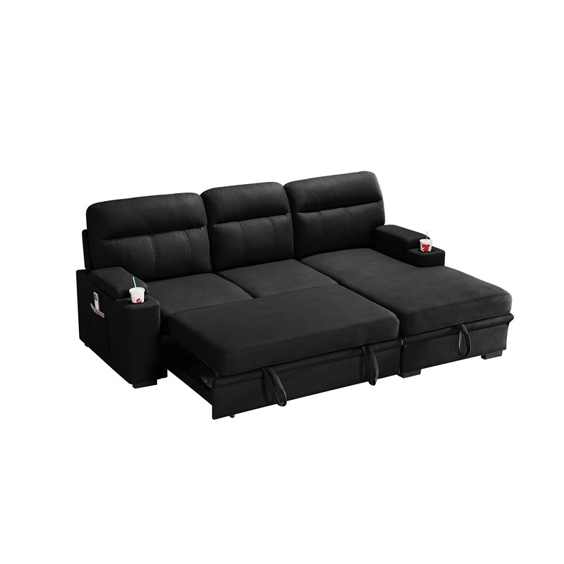 Kaden Black Fabric Sleeper Sectional, Leather Sleeper Sofa With Storage Chaise