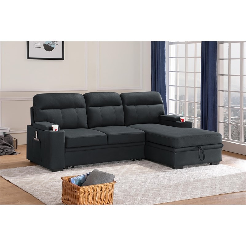 Kaden Black Fabric Sleeper Sectional, Leather Sofa Bed With Storage Chaise