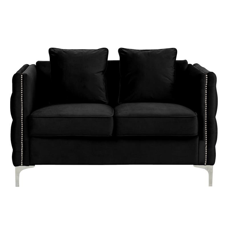 Bayberry Black Velvet Fabric Loveseat Couch with 2 Pillows