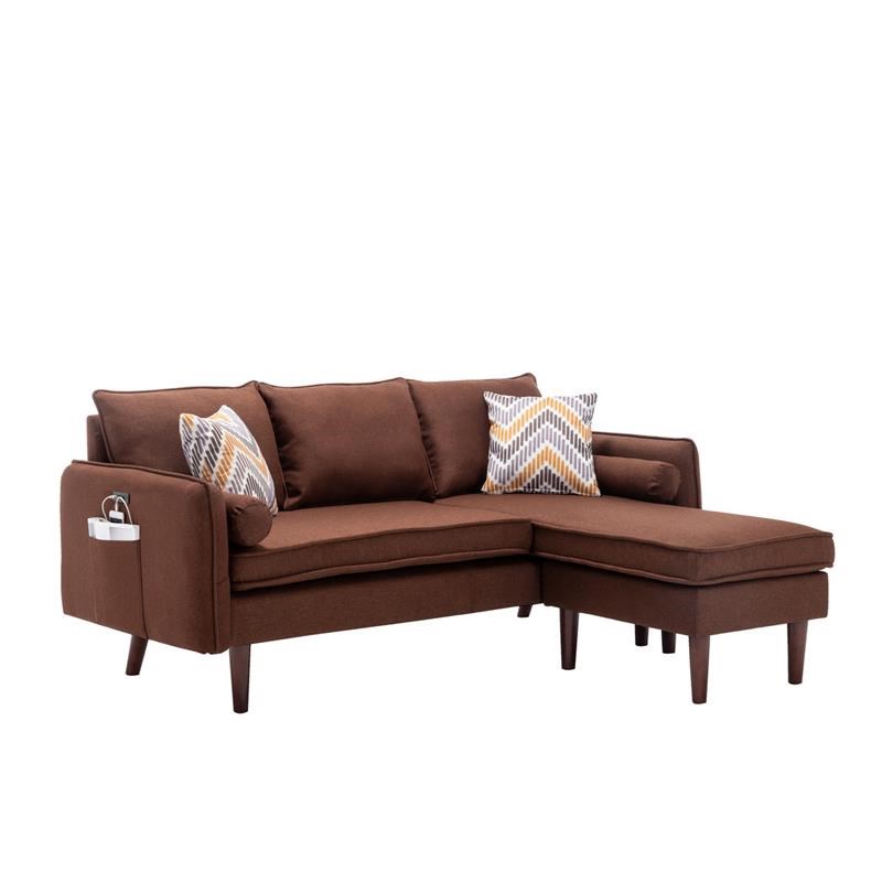 Mia Linen Fabric Sectional Sofa Chaise, Beige And Brown Leather Fabric Sectional Sofa With Chaise