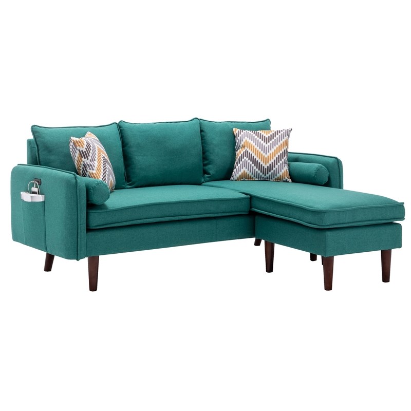 Mia Linen Fabric Sectional Sofa Chaise with USB Charger & Pillows in Green