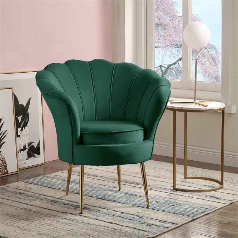Angelina Velvet Scalloped Back Accent Chair with Metal Legs in Green