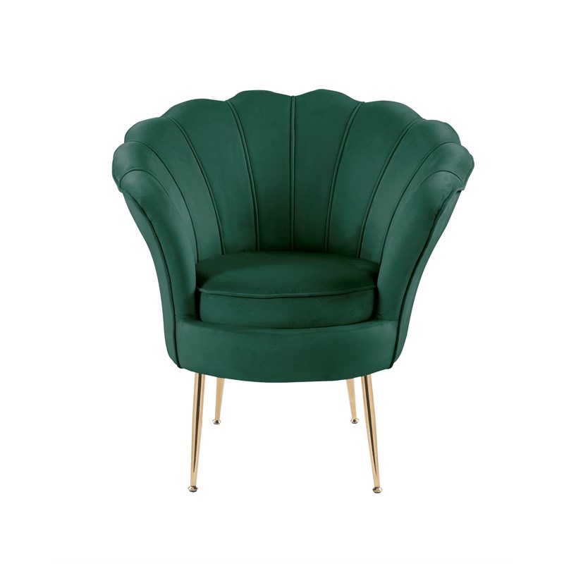 Angelina Velvet Scalloped Back Accent Chair with Metal Legs in Green