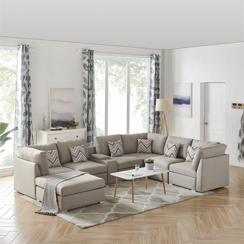 Amira Beige Fabric Reversible Modular Sectional Sofa with USB Storage