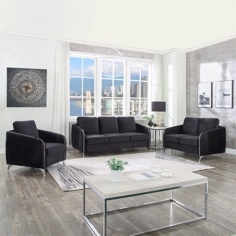 Hathaway Black Velvet Elegant Modern Chic Sofa Couch with Chrome Arms and Legs