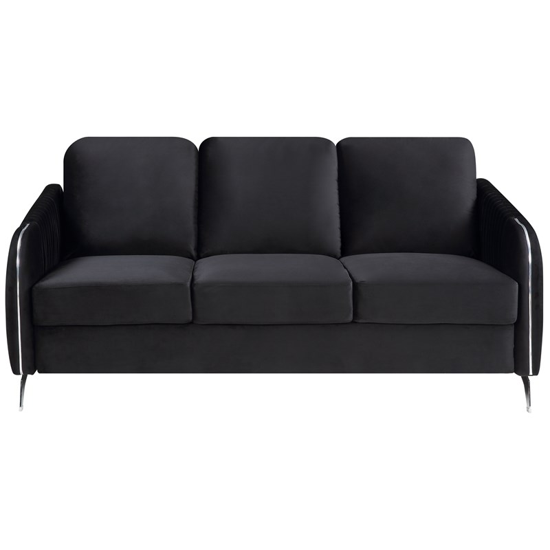 Hathaway Black Velvet Elegant Modern Chic Sofa Couch with Chrome Arms and Legs