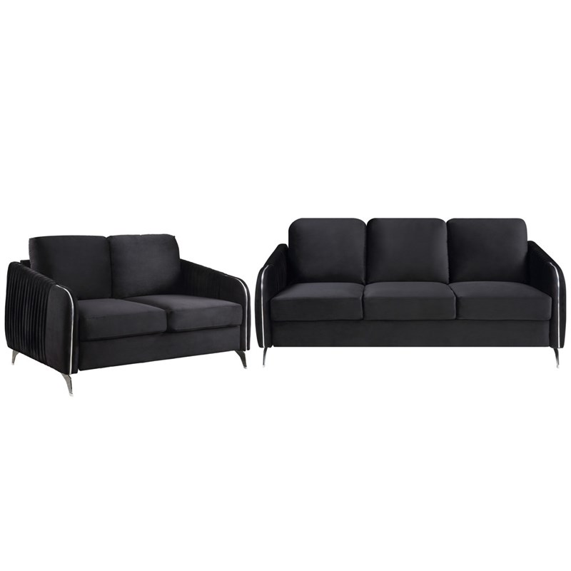 Hathaway Black Velvet Fabric Sofa, Leather And Fabric Sofa And Loveseat