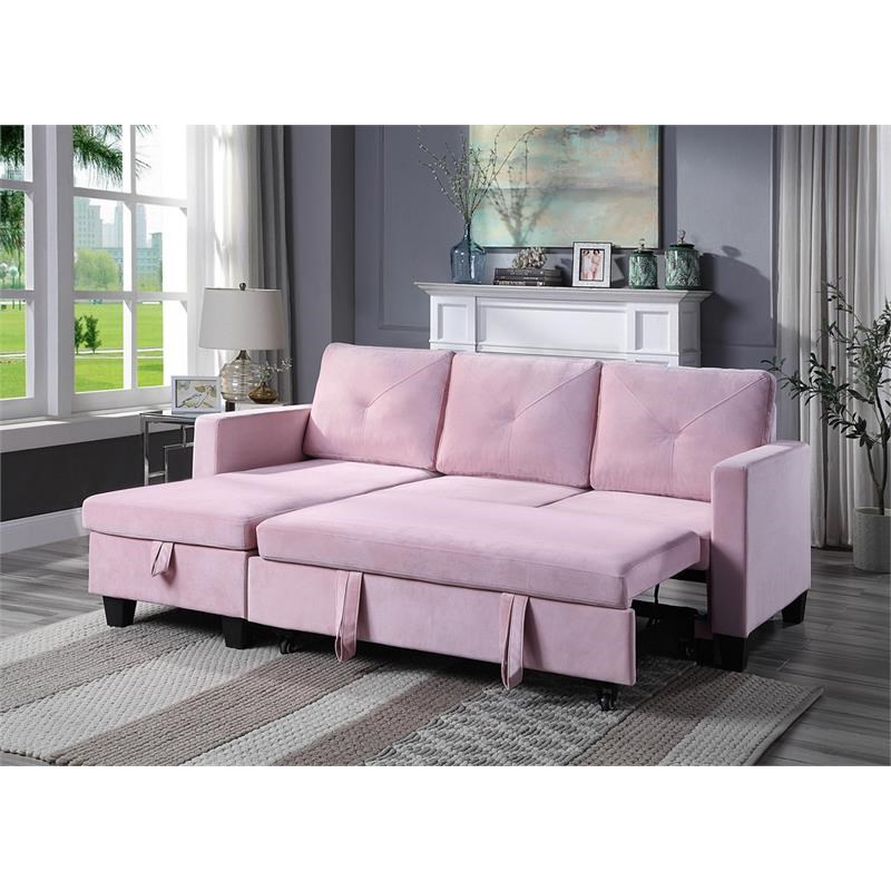 nova pink velvet reversible sleeper sectional sofa with