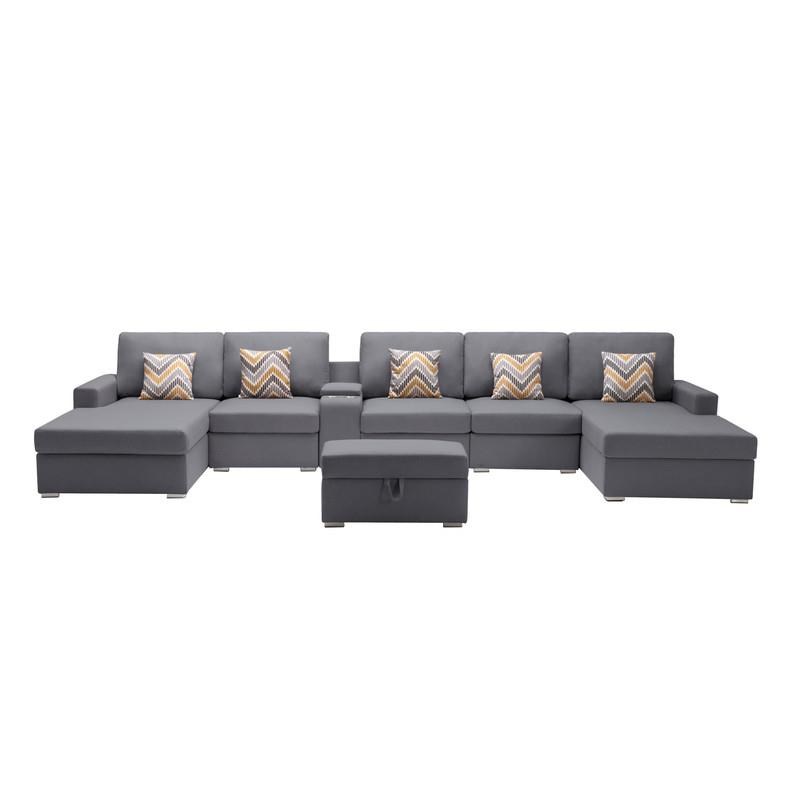 Nolan Gray Linen Fabric 7Pc Double Chaise Sectional Sofa Ottoman Console Table