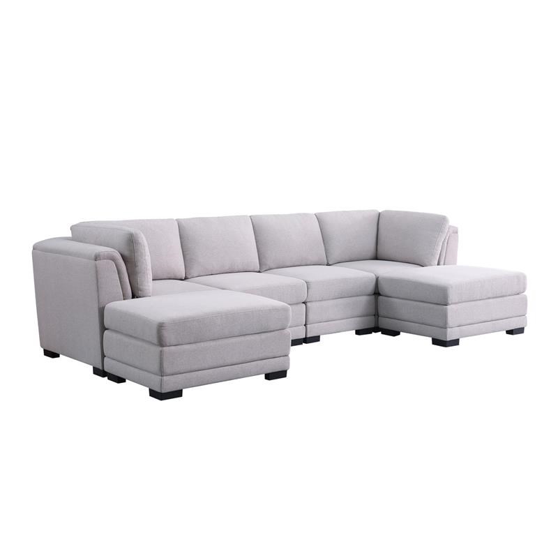 Kristin Light Gray Linen Fabric Reversible Sectional Sofa with 2 Ottomans