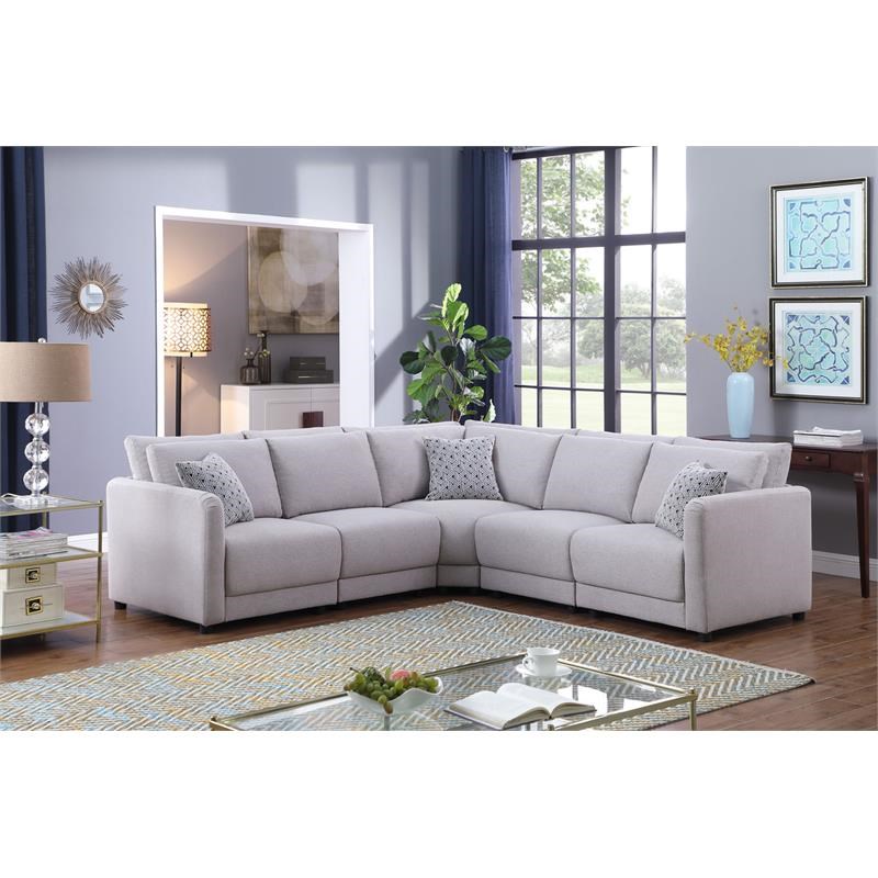 Penelope Light Gray Linen Fabric Reversible L-Shape Sectional Sofa with Pillows