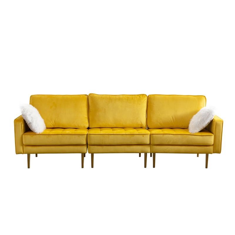 Theo Yellow Velvet Sofa with Two Throw Pillows and Gold Tone Legs