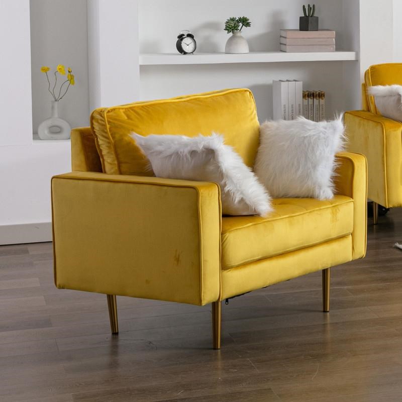 Theo Yellow Velvet Chair with Two Throw Pillows and Gold Tone Legs