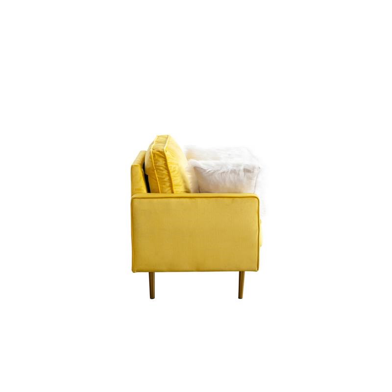 Theo Yellow Velvet Chair with Two Throw Pillows and Gold Tone Legs