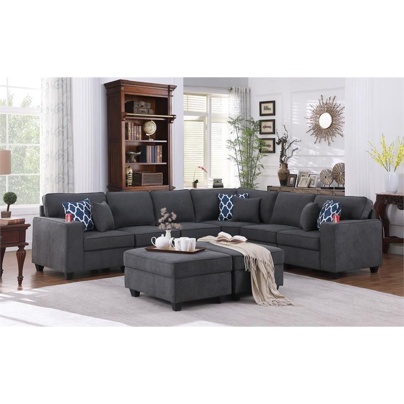 Cooper Stone Gray Woven Fabric Reversible Sectional w/Ottomans and ...