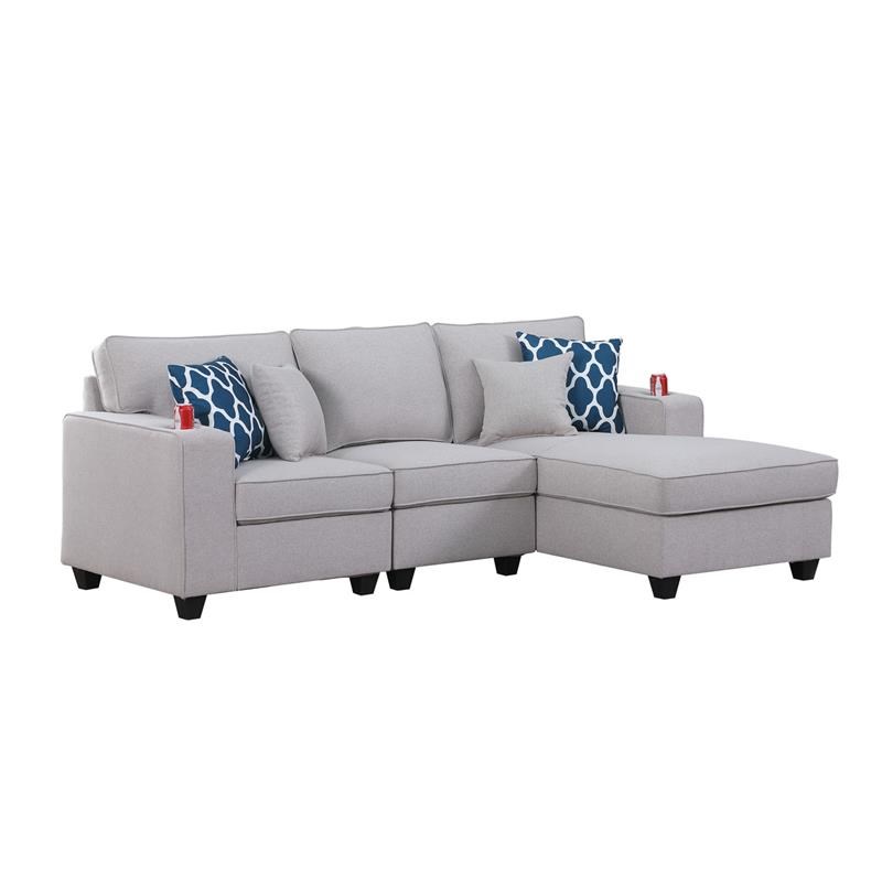Cooper Light Gray Linen Fabric Sectional Sofa Chaise with Cupholder and Pillows