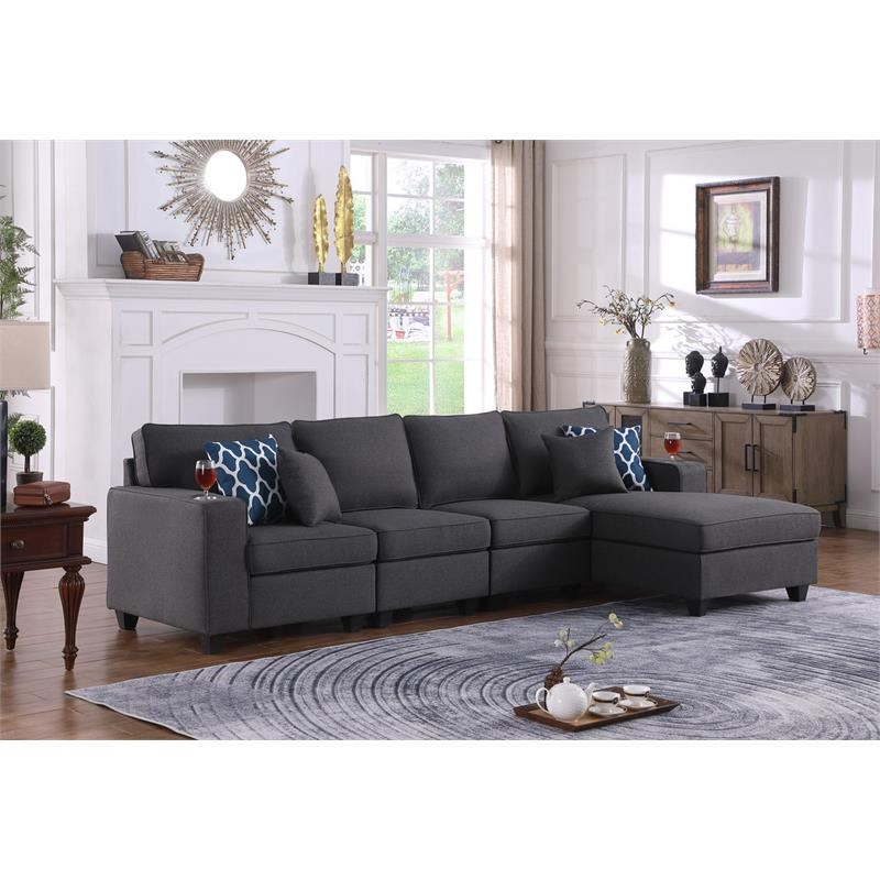 Cooper Dark Gray Linen Fabric 4Pc Sectional Sofa Chaise with Cupholder ...