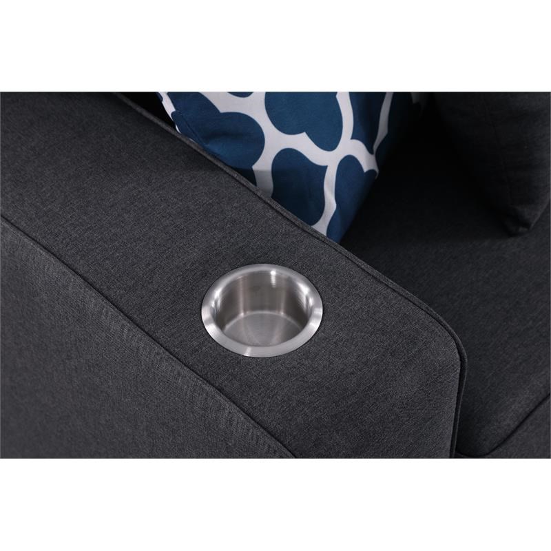 Cooper Dark Gray Linen Fabric Loveseat with Cupholder and Pillows