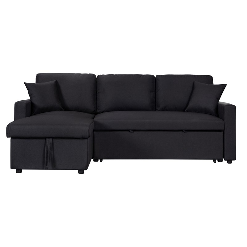 Paisley Black Linen Fabric Reversible Sleeper Sectional Sofa w/ Storage