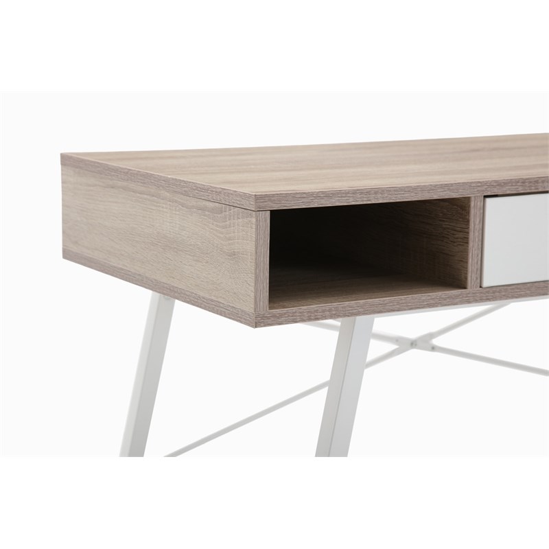 Julia Light Brown Oak & White Engineered Wood Desk w/ Drawer & 2 Compartments