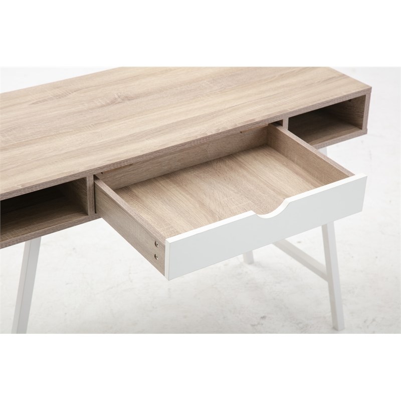 Julia Light Brown Oak & White Engineered Wood Desk w/ Drawer & 2 Compartments