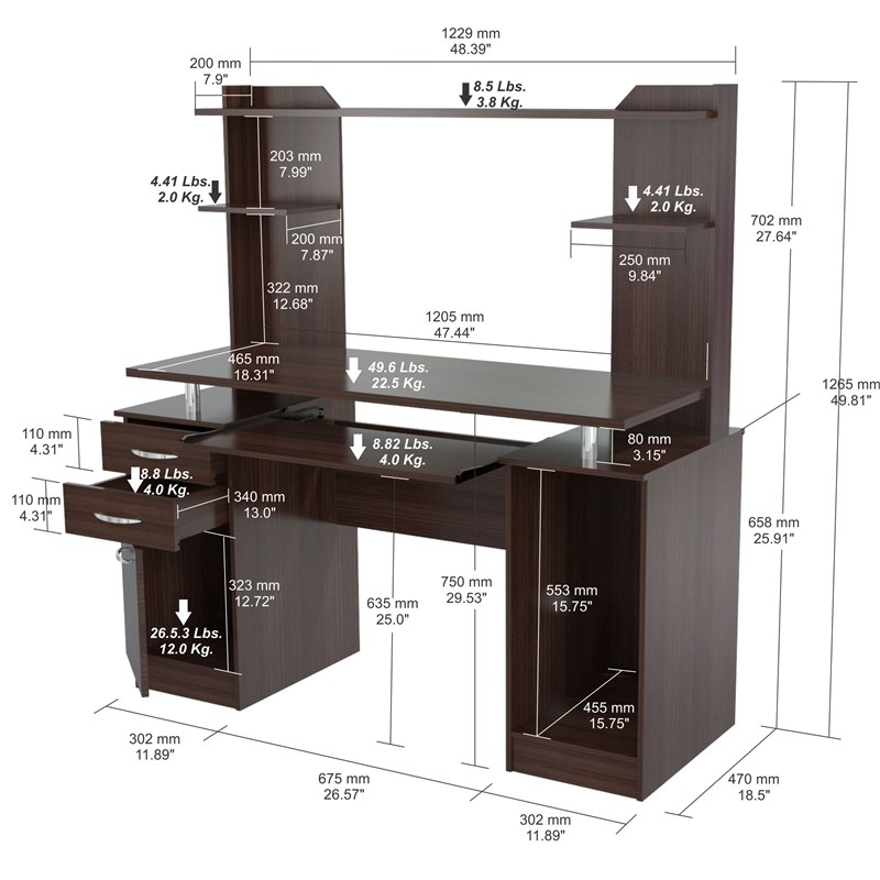 Inval America Espresso Computer Desk with Hutch