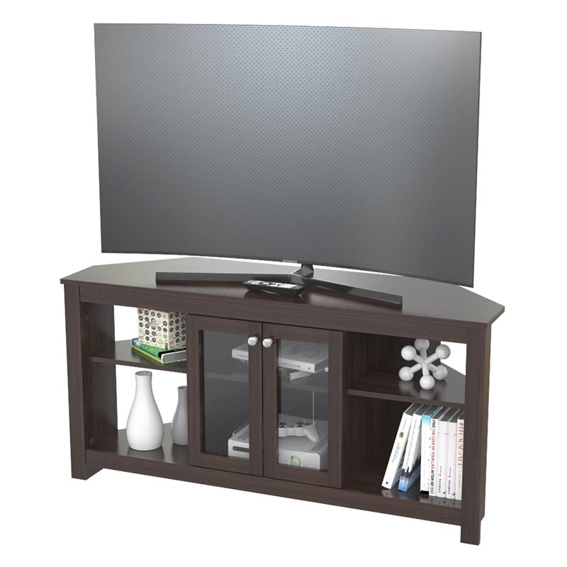 Inval  Corner TV Stand with Glass Doors in Espresso Engineered Wood