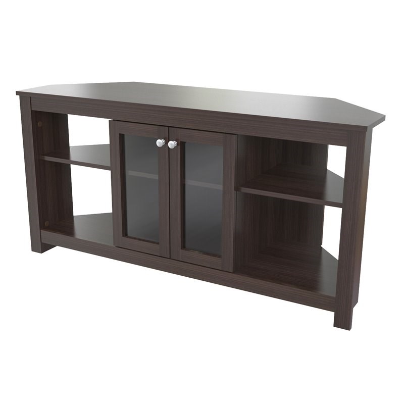 Inval  Corner TV Stand with Glass Doors in Espresso Engineered Wood
