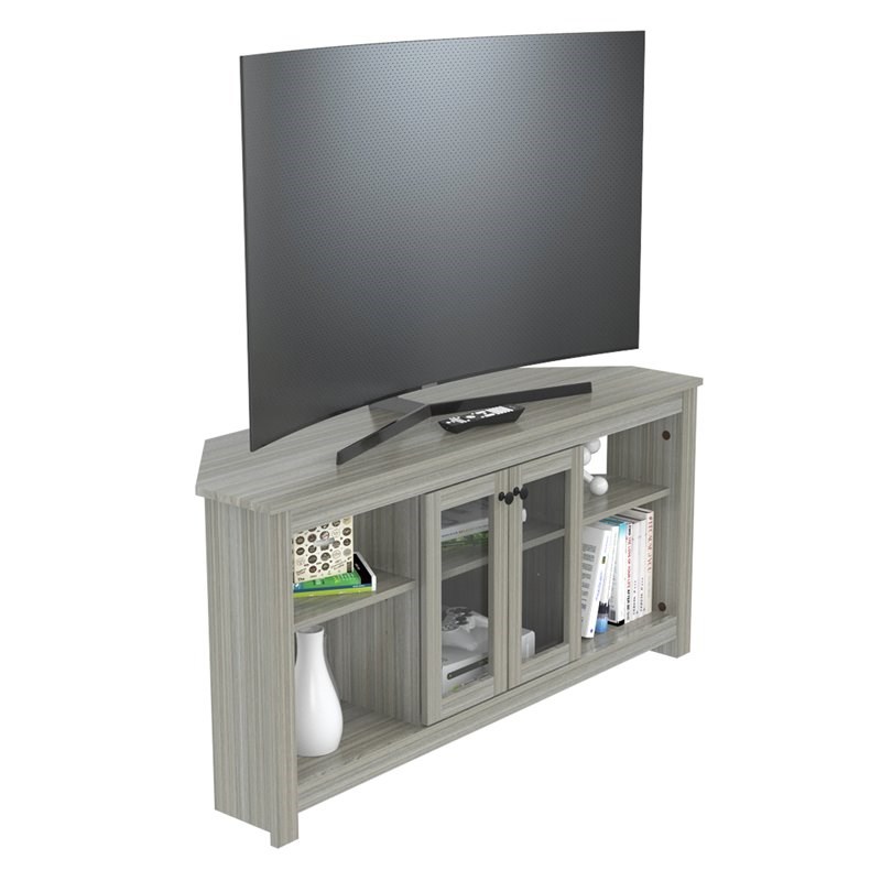 Inval  Corner TV Stand with Glass Doors in Smoke Oak Engineered Wood