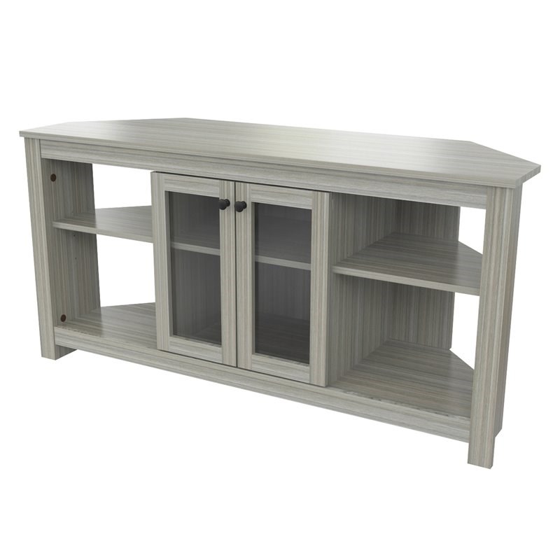 Inval  Corner TV Stand with Glass Doors in Smoke Oak Engineered Wood