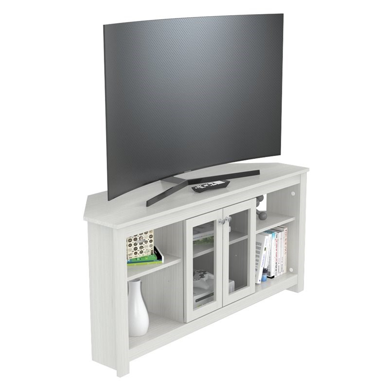 Inval Corner TV Stand with Glass Doors in Washed Oak Engineered Wood