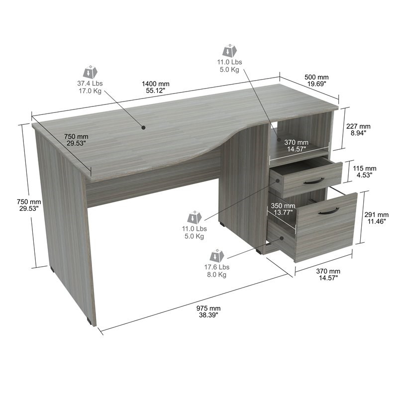 Inval  Curved Top Writing Desk in Smoke Oak Engineered Wood