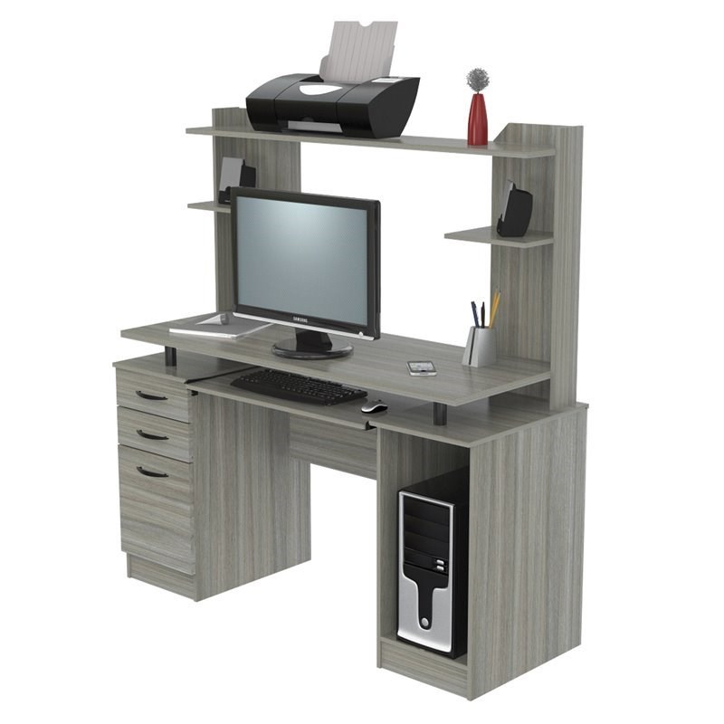 Inval Computer Work Center with Hutch in Smoke Oak