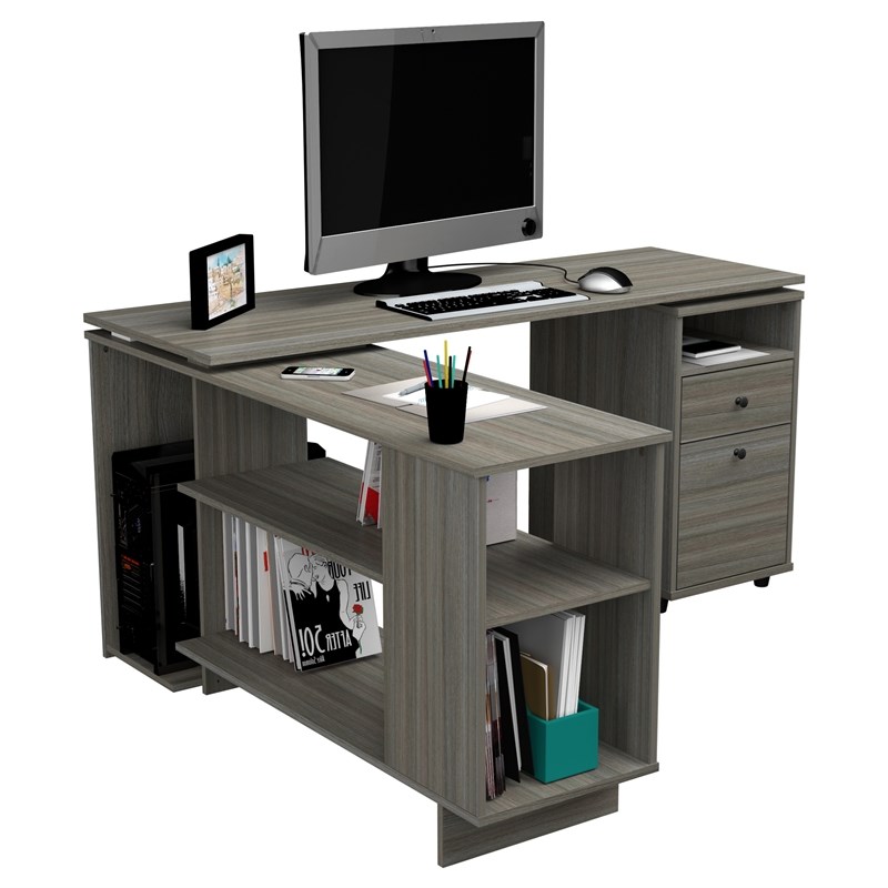 Inval L-Shaped Engineered Wood Reversible Computer Desk in Gray Smoke Oak
