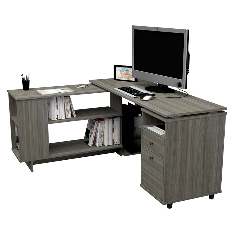 Inval L-Shaped Engineered Wood Reversible Computer Desk in Gray Smoke Oak