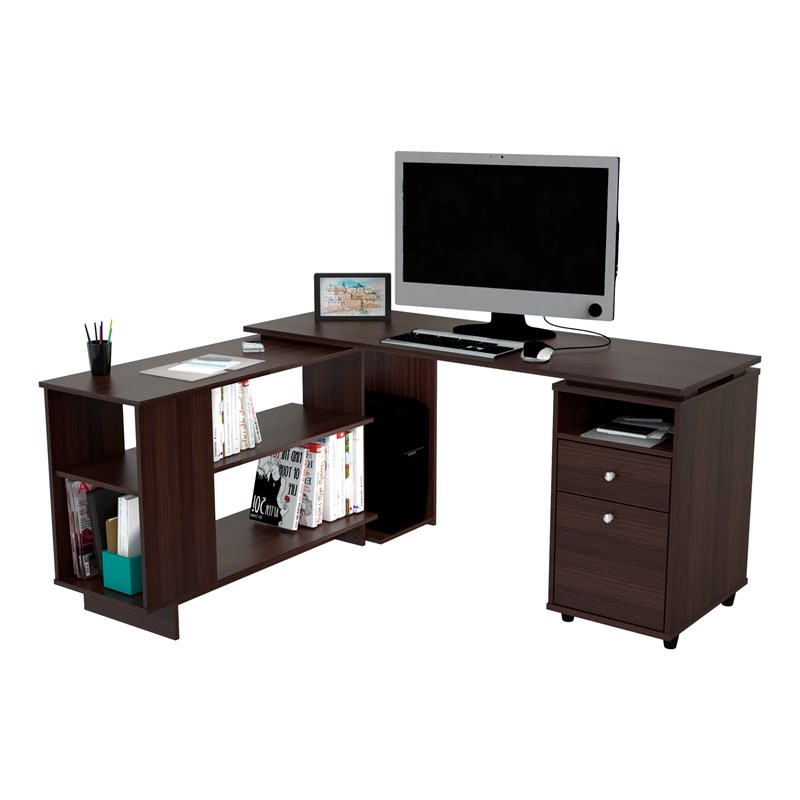 Inval L-Shaped Engineered Wood Reversible Computer Desk in Espresso