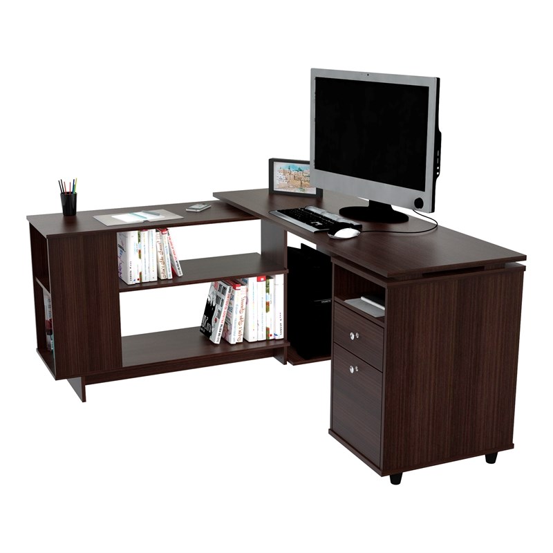Inval L-Shaped Engineered Wood Reversible Computer Desk in Espresso