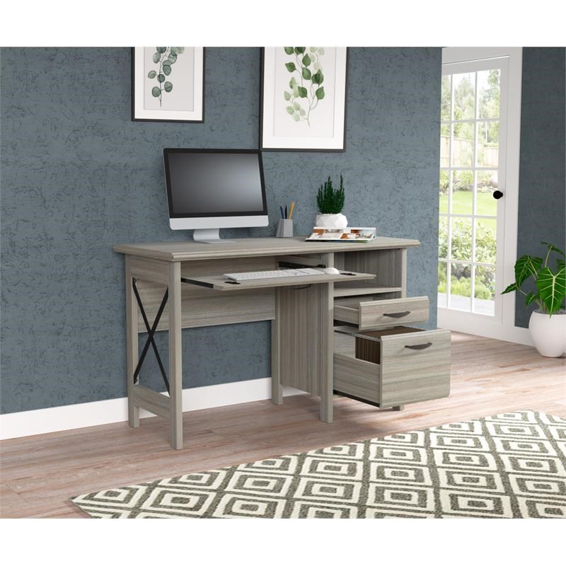 Inval 2-Drawer Computer Desk with Keyboard Tray in Gray Smoke Oak